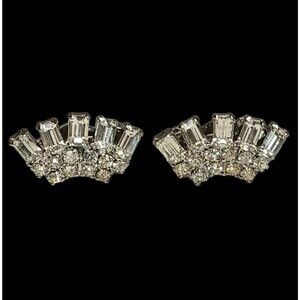 VTG Clear Rhinestone Crawler Clip On Earrings Prong Setting Baguette & Round Cut